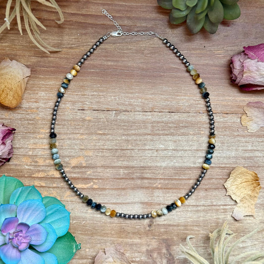 16” Golden Tiger Eye Necklace – Sterling Silver Pearls