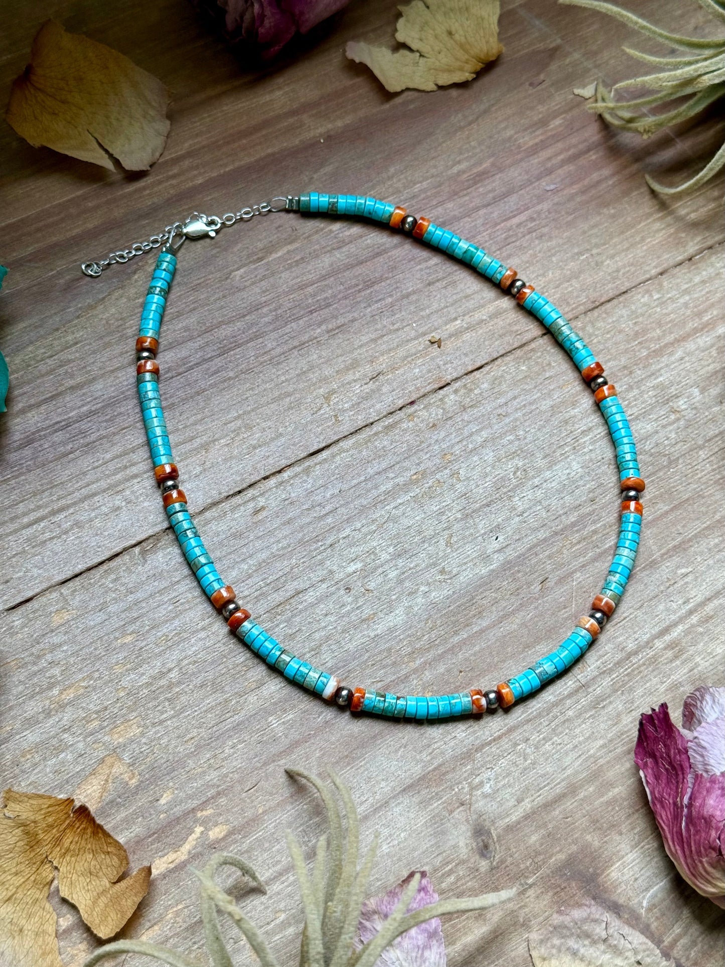 Turquoise & Spiny Oyster Heishi Necklace – 14”