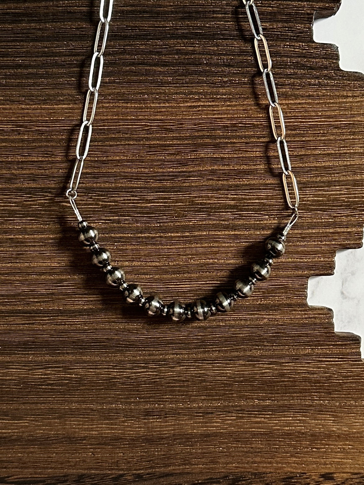 8mm & 4mm Alternating Brushed Steel Western Pearl Bar Necklace 18 inch Red Saguaro Jewelry by Cimarron Red Saguaro Trading Post