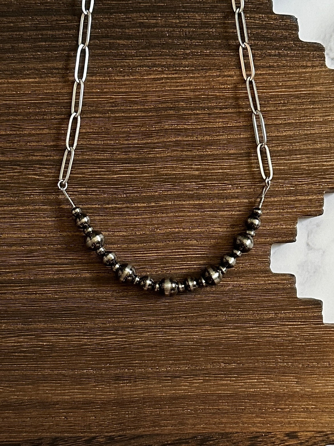 8mm, 6mm & 4mm Alternating Brushed Steel Western Pearl Bar Necklace 18 inch Red Saguaro Jewelry by Cimarron Red Saguaro Trading Post