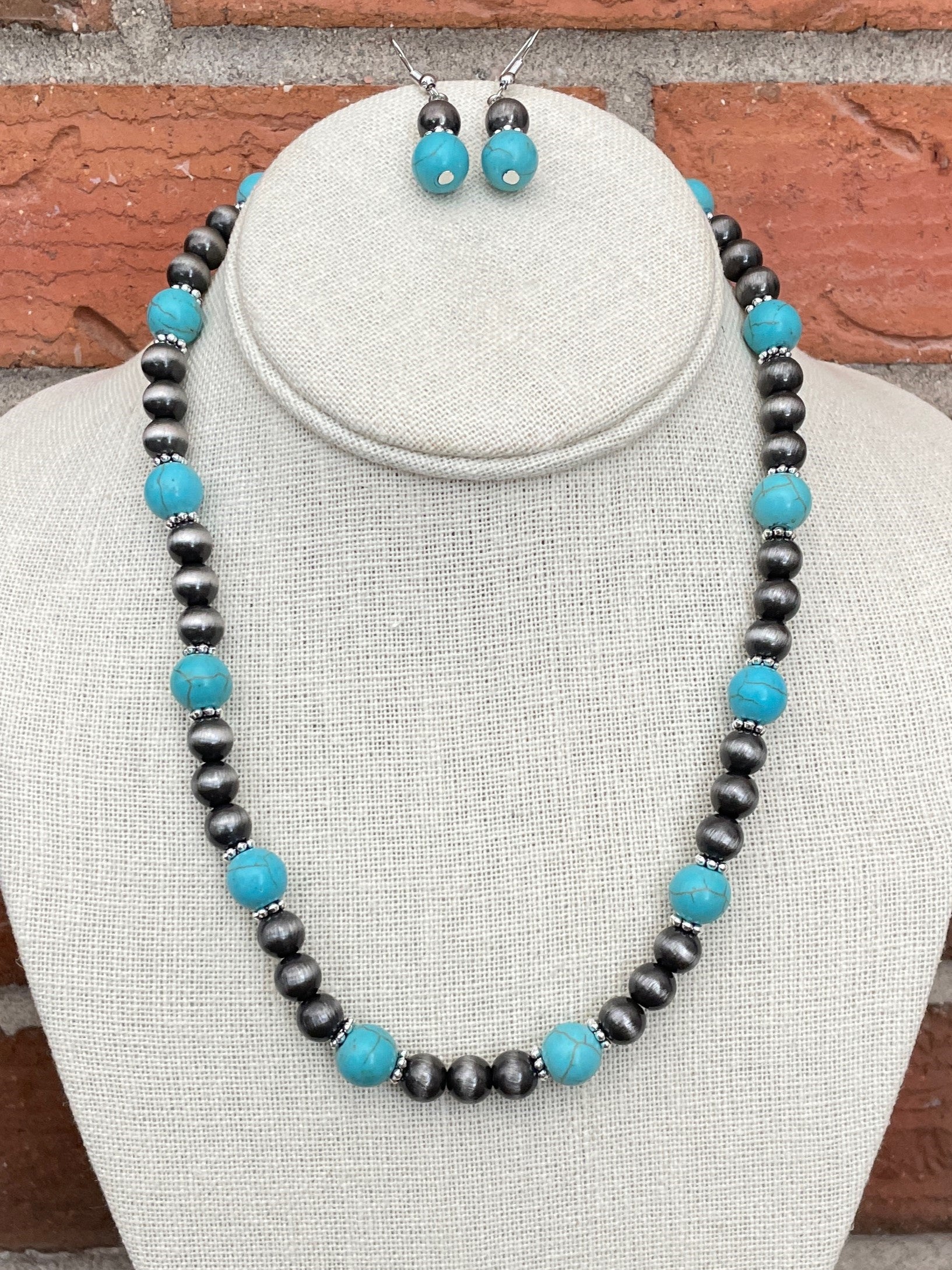 8mm Navajo Style Pearl with Turquoise Necklace and Earring Set