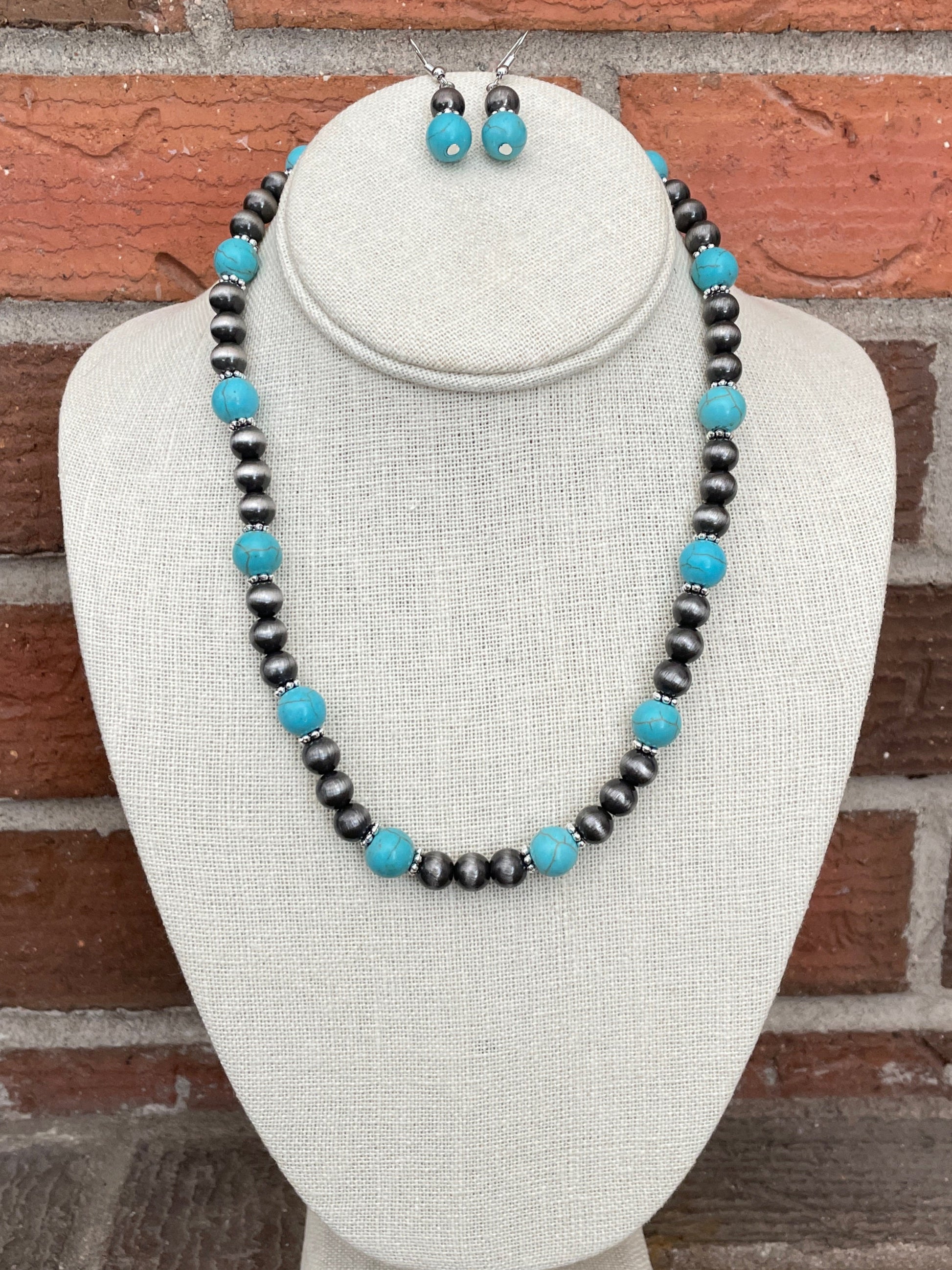 8mm Navajo Style Pearl with Turquoise Necklace and Earring Set