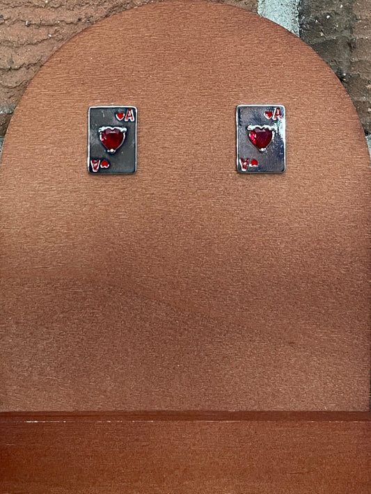 Ace of Hearts Playing Card Stud Earrings - Red