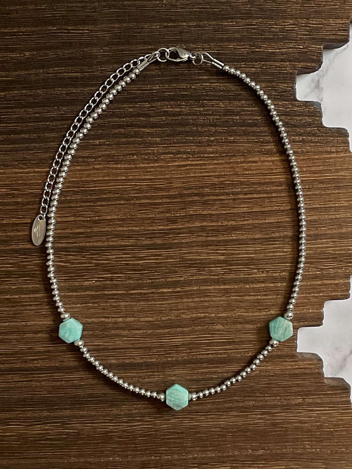 Amazonite Hexagon Western Pearl Choker Necklace 14 inch