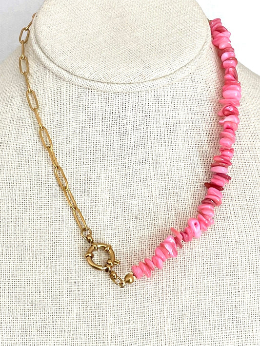 Asymmetric Paperclip Chain Necklace with Pink Chips