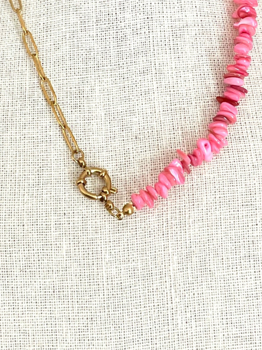 Asymmetric Paperclip Chain Necklace with Pink Chips