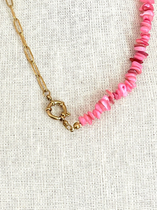 Asymmetric Paperclip Chain Necklace with Pink Chips