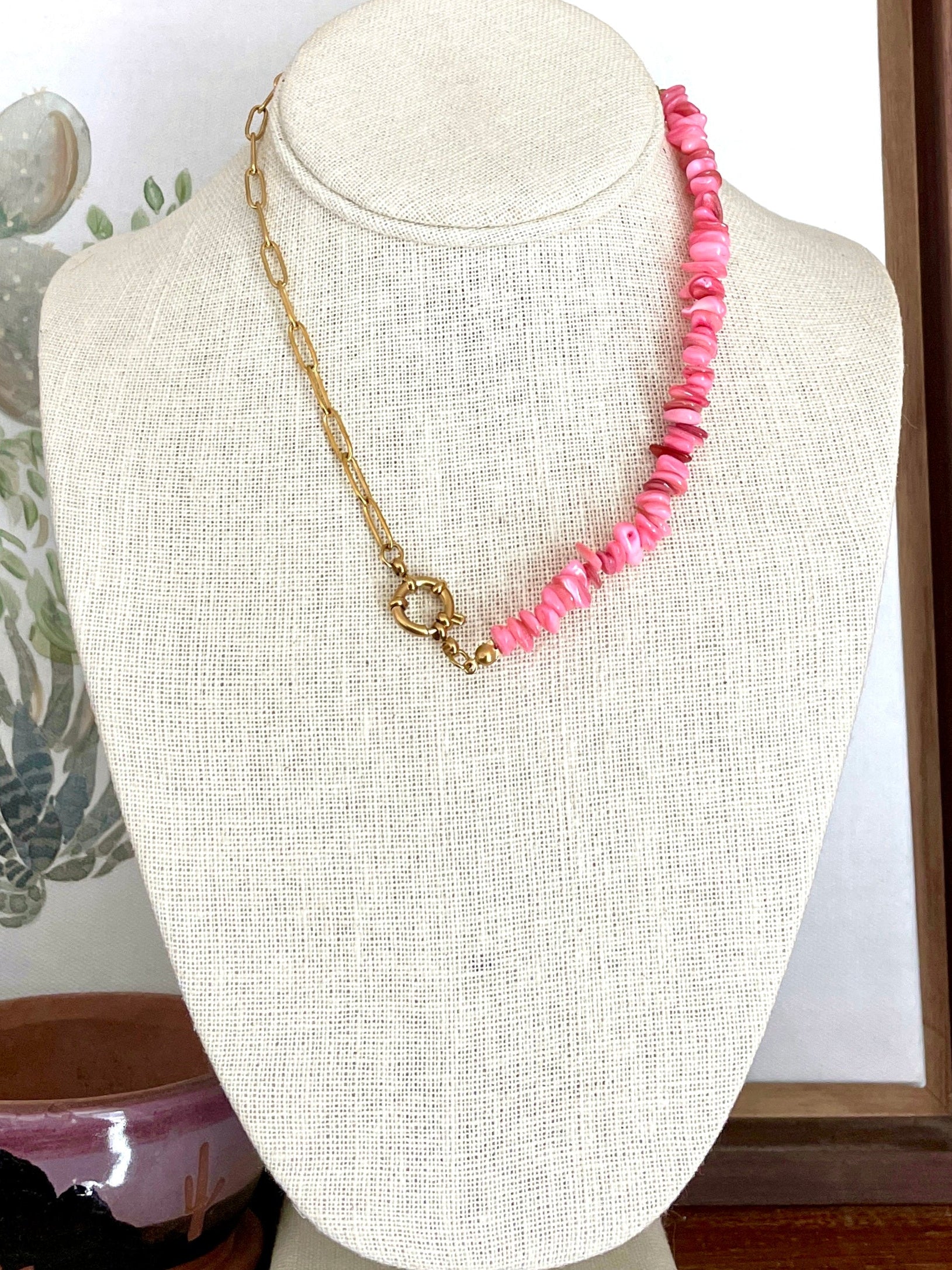 Asymmetric Paperclip Chain Necklace with Pink Chips