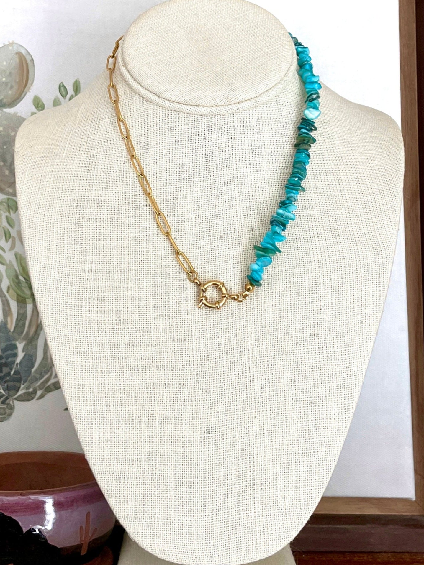 Asymmetric Paperclip Chain Necklace with Turquoise Chips