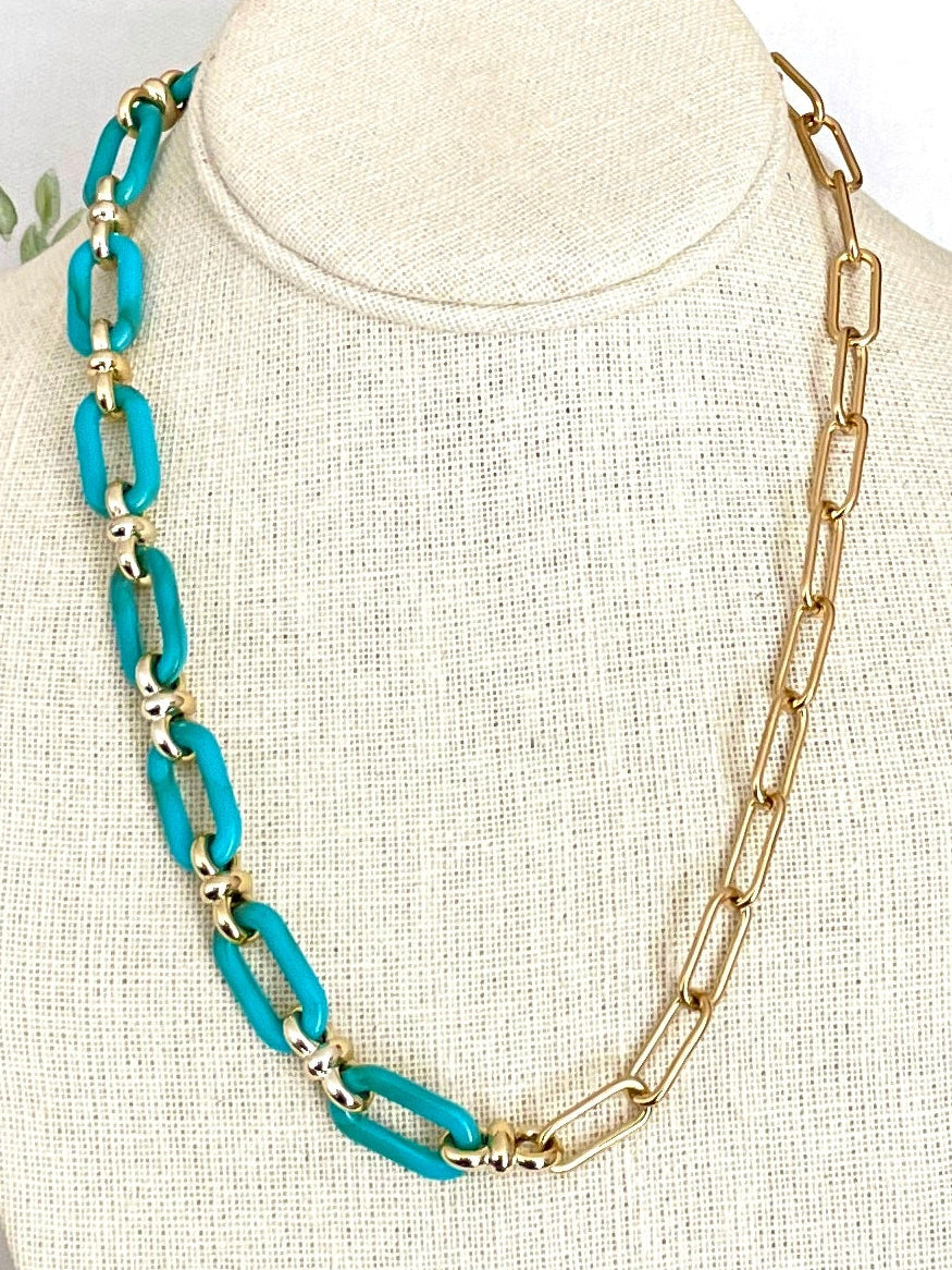 Asymmetric Turquoise Acrylic Paperclip Chain Necklace