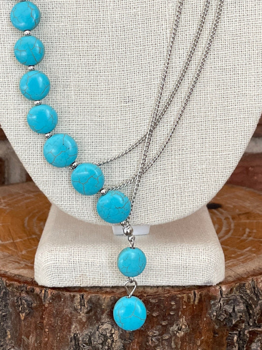 Asymmetric Turquoise and Chain Lariat Necklace