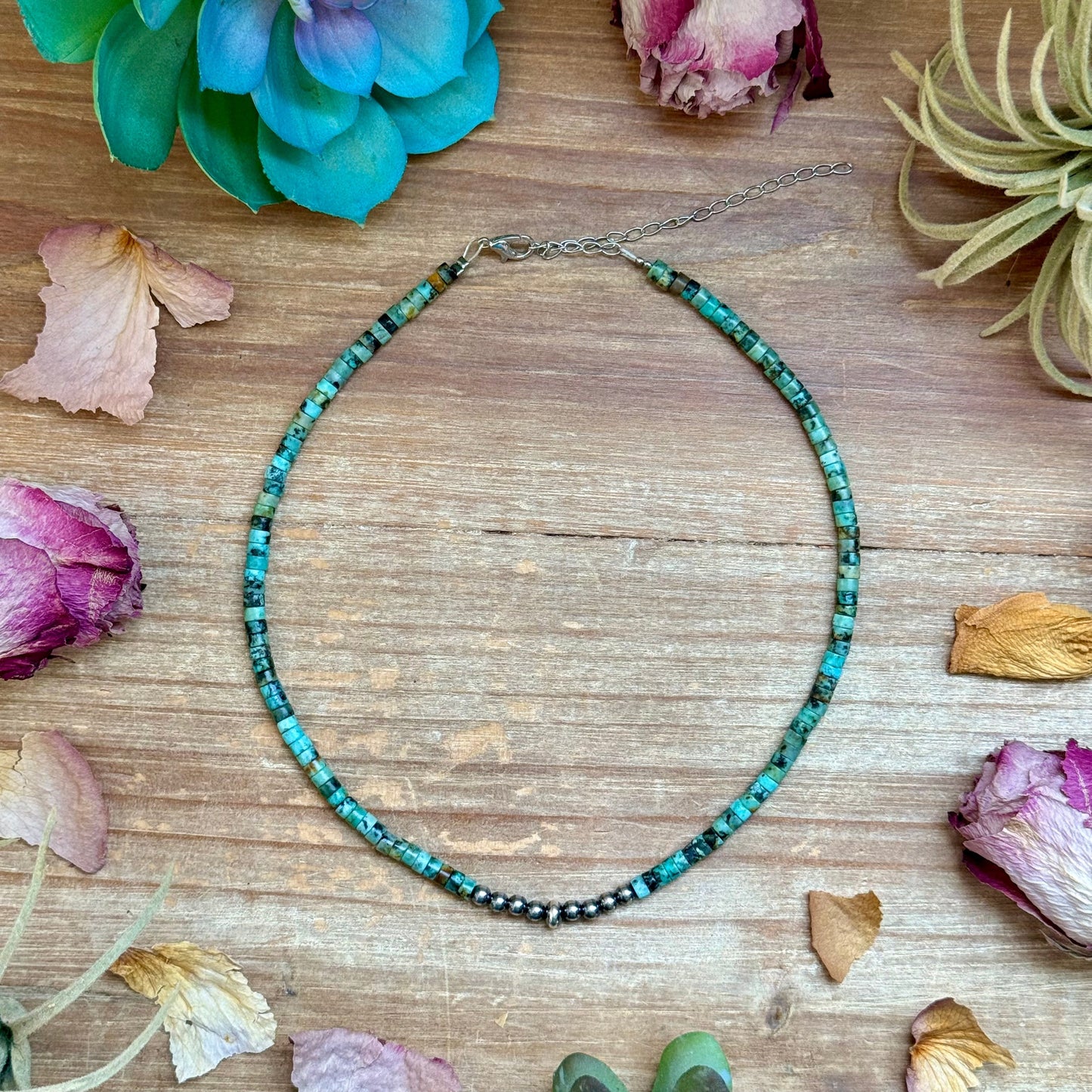 African Turquoise Heishi & Sterling Silver Pearl Necklace