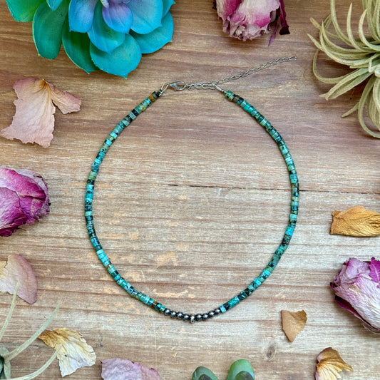 African Turquoise Heishi & Sterling Silver Pearl Necklace