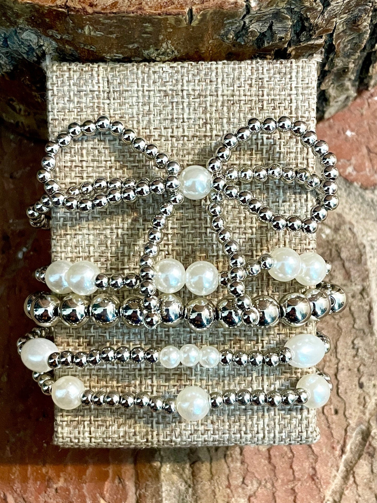 Beaded Bow Bracelet Set - Silver