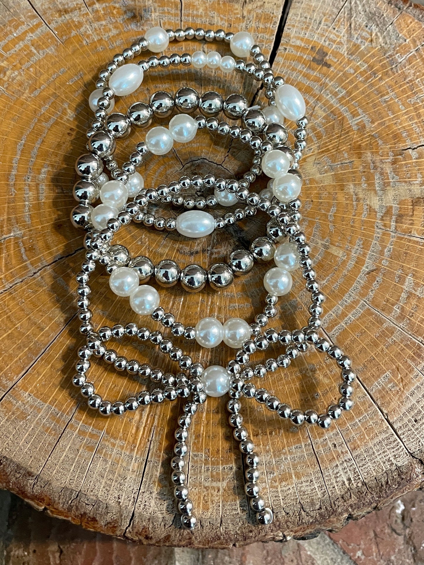 Beaded Bow Bracelet Set - Silver