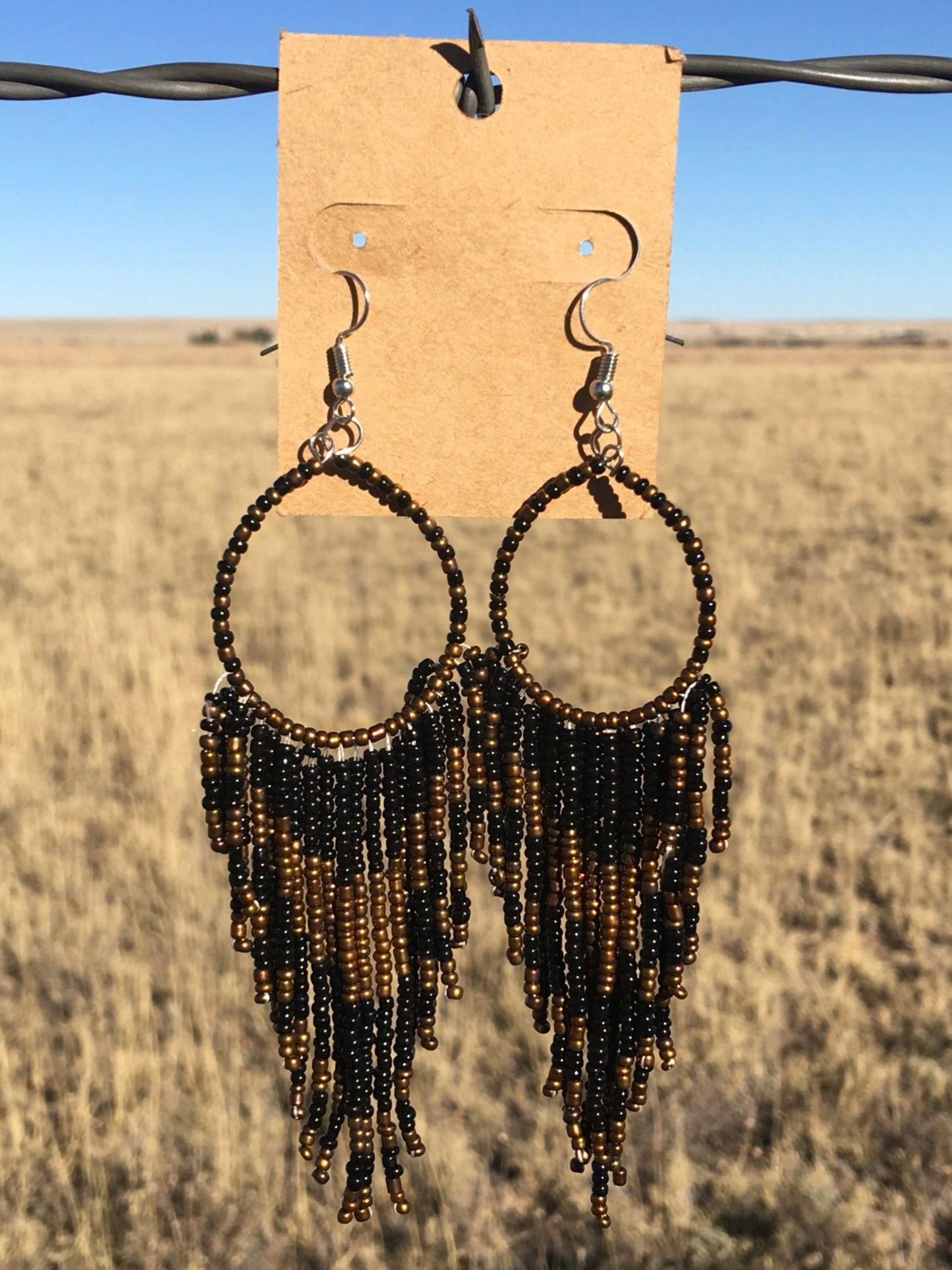 Beaded Fringe Hoop Drop Earrings - Black & Bronze
