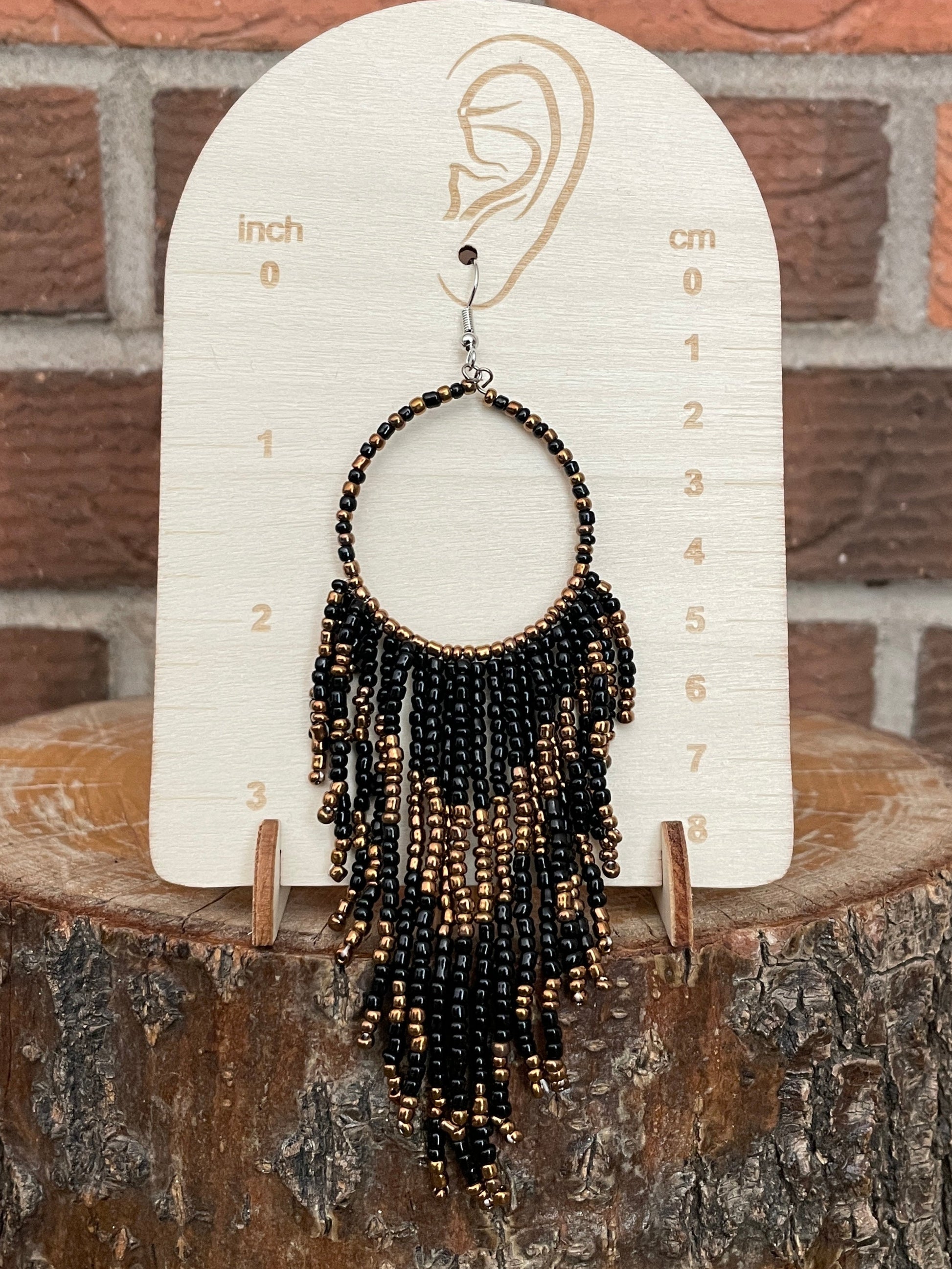 Beaded Fringe Hoop Drop Earrings - Black & Bronze