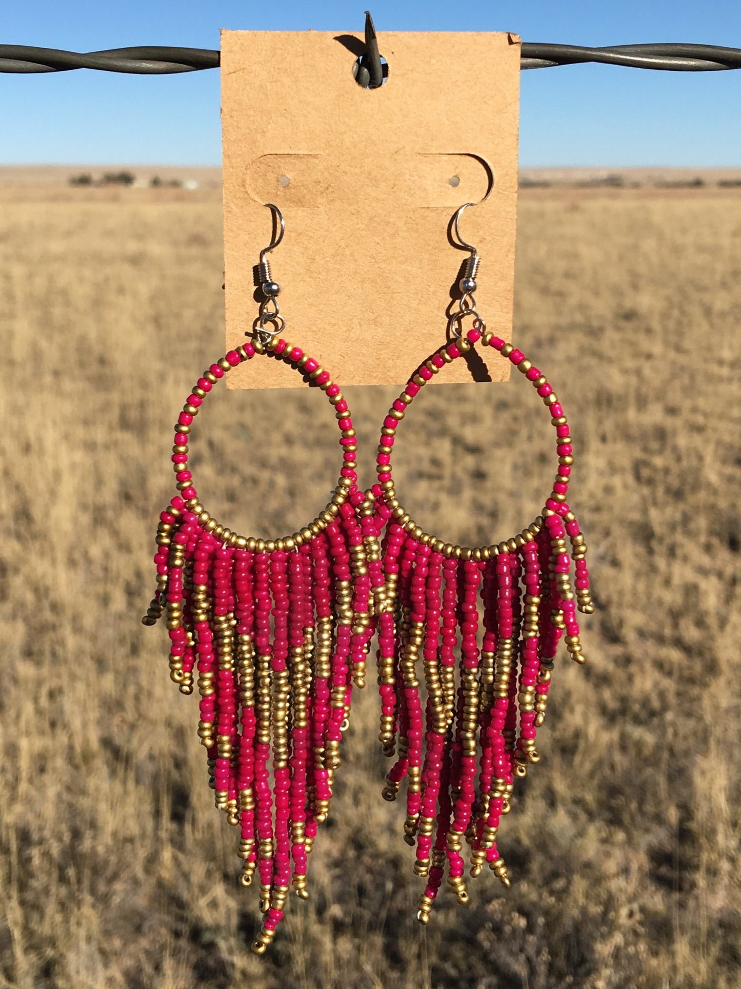Beaded Fringe Hoop Drop Earrings - Dark Pink & Brass