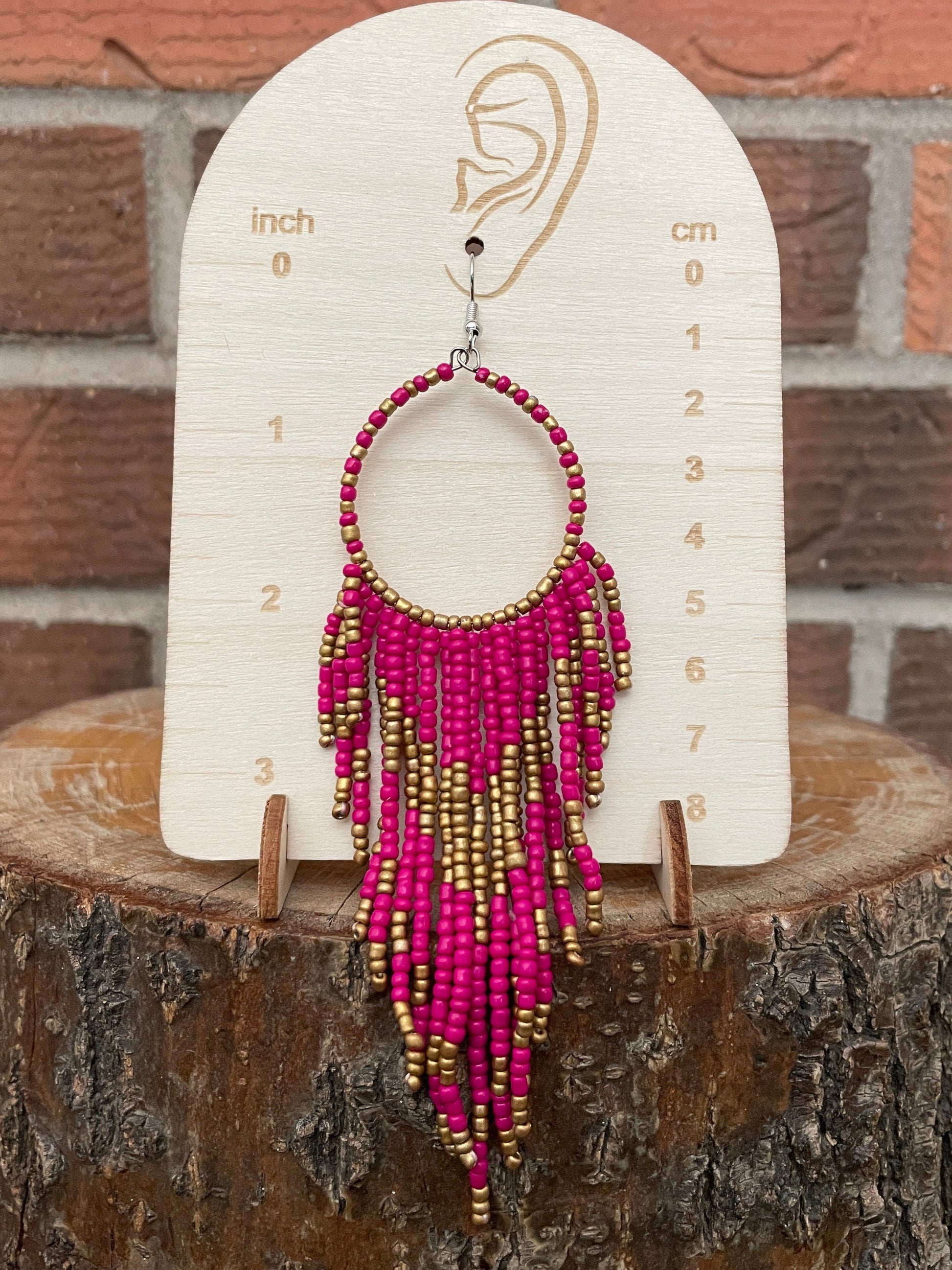 Beaded Fringe Hoop Drop Earrings - Dark Pink & Brass