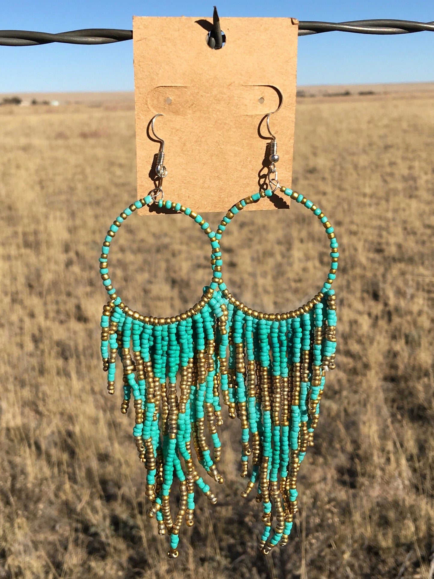 Beaded Fringe Hoop Drop Earrings - Turquoise & Brass