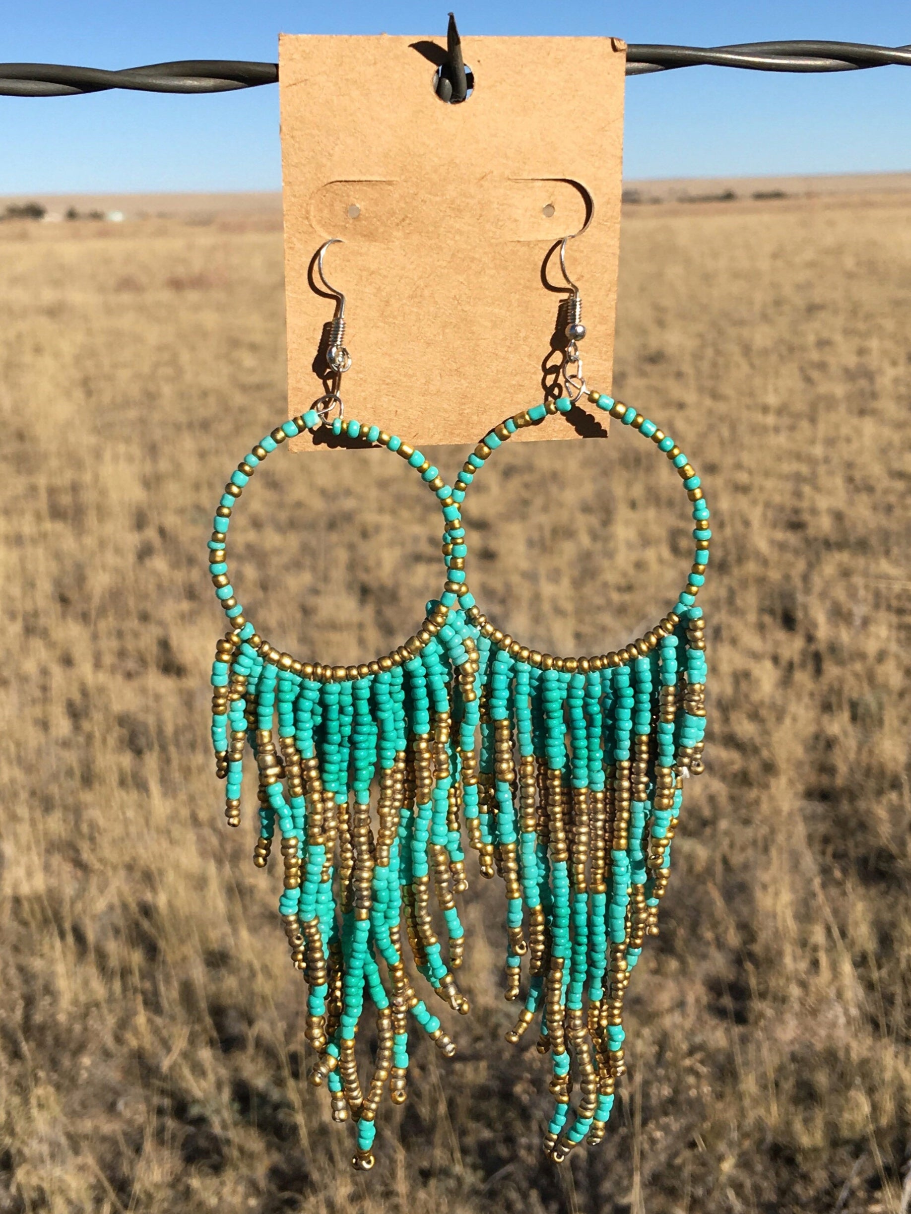 Beaded Fringe Hoop Drop Earrings - Turquoise & Brass