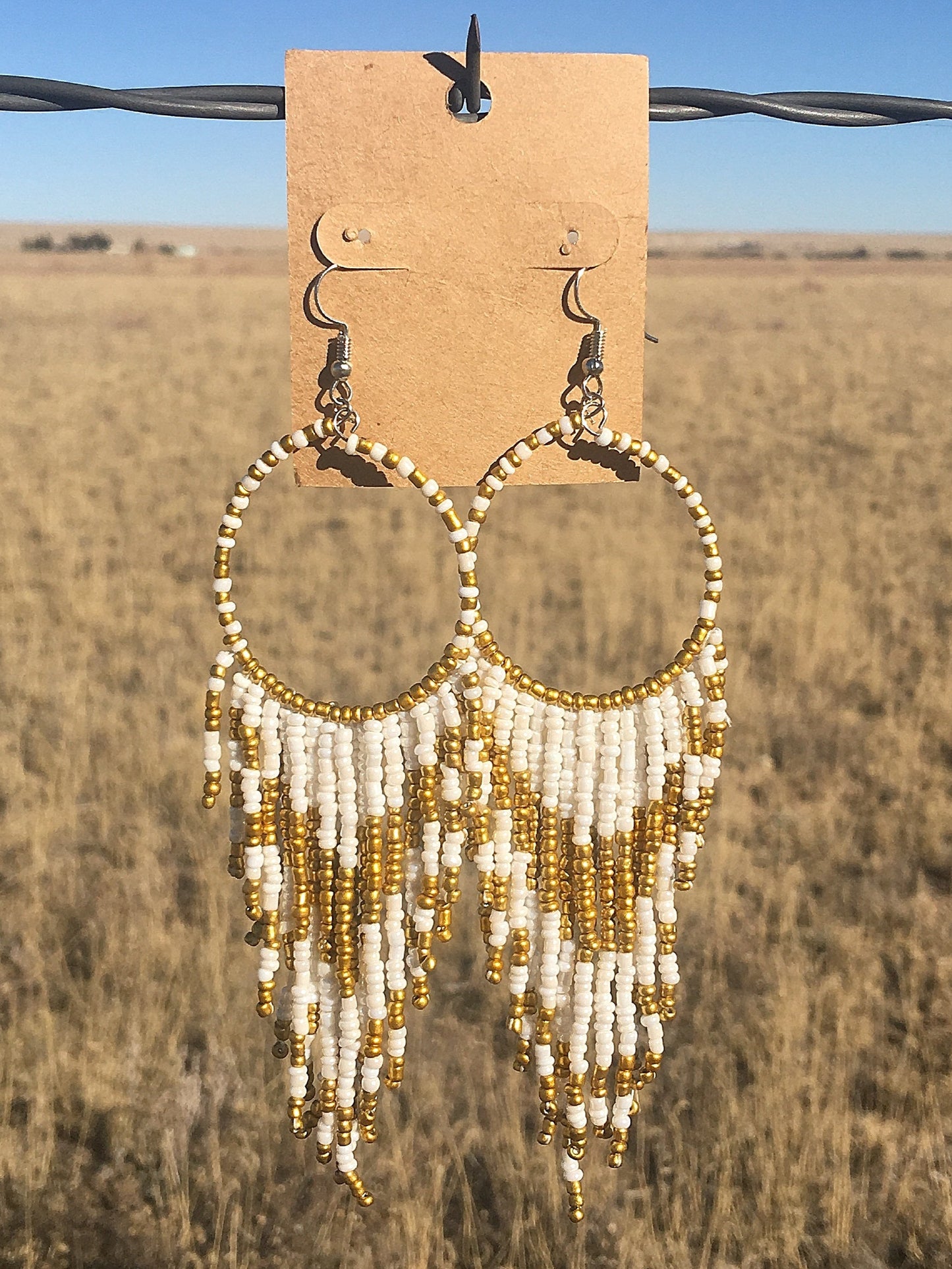 Beaded Fringe Hoop Drop Earrings - White & Gold