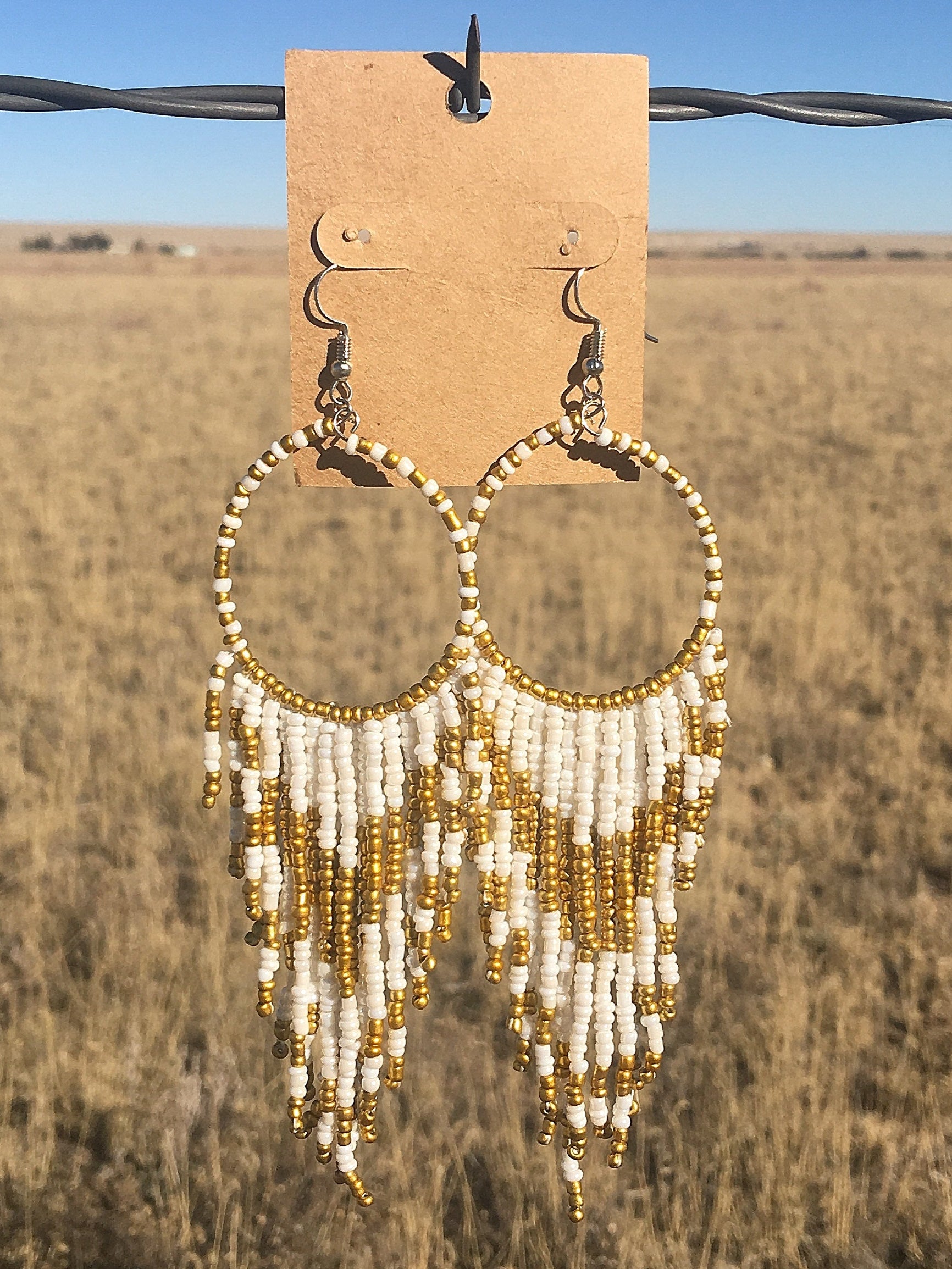 Beaded Fringe Hoop Drop Earrings - White & Gold