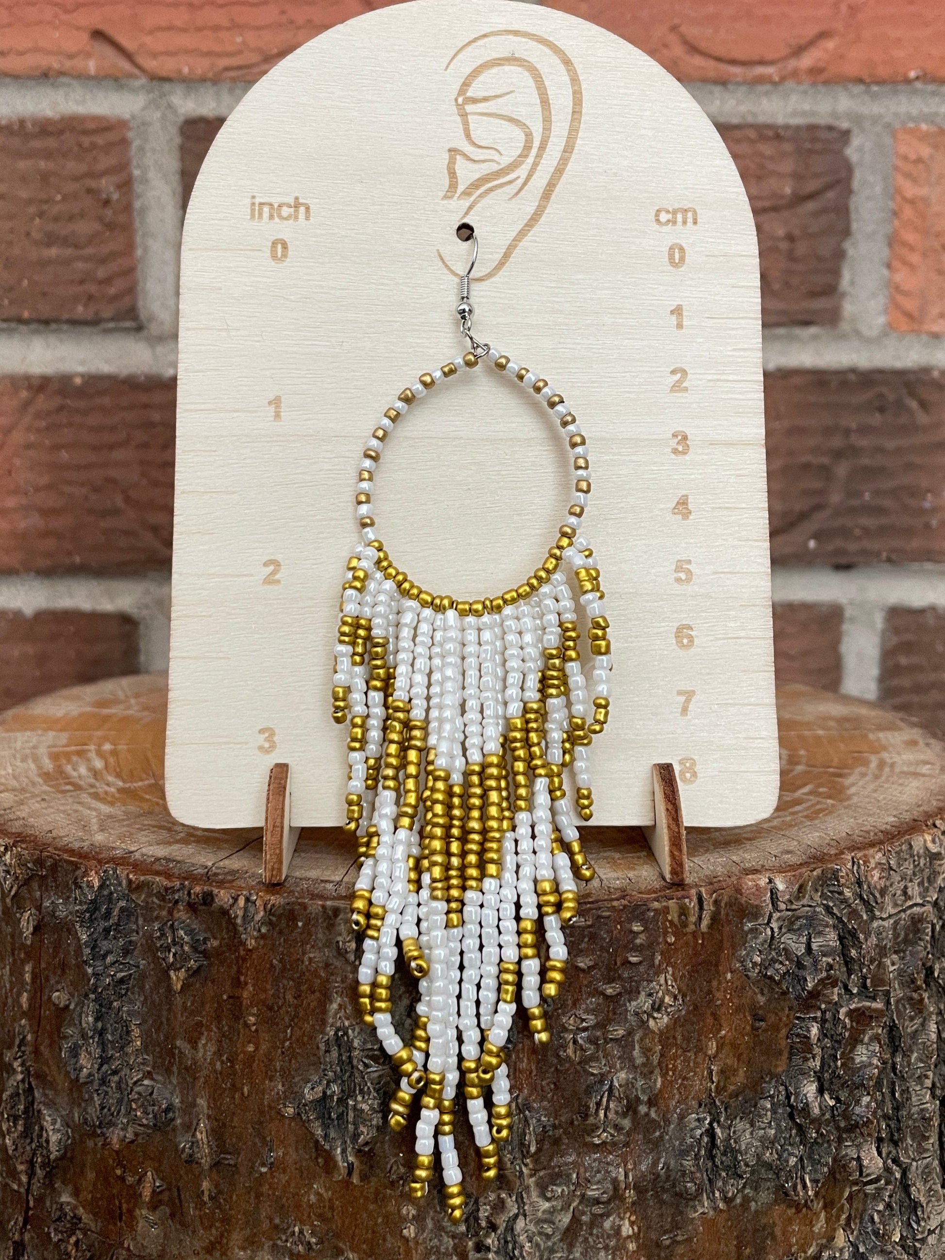 Beaded Fringe Hoop Drop Earrings - White & Gold