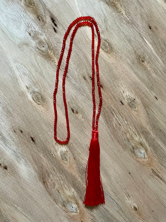 Beaded Necklace with Tassel - Red