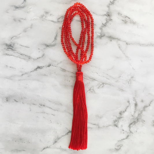 Beaded Necklace with Tassel - Red