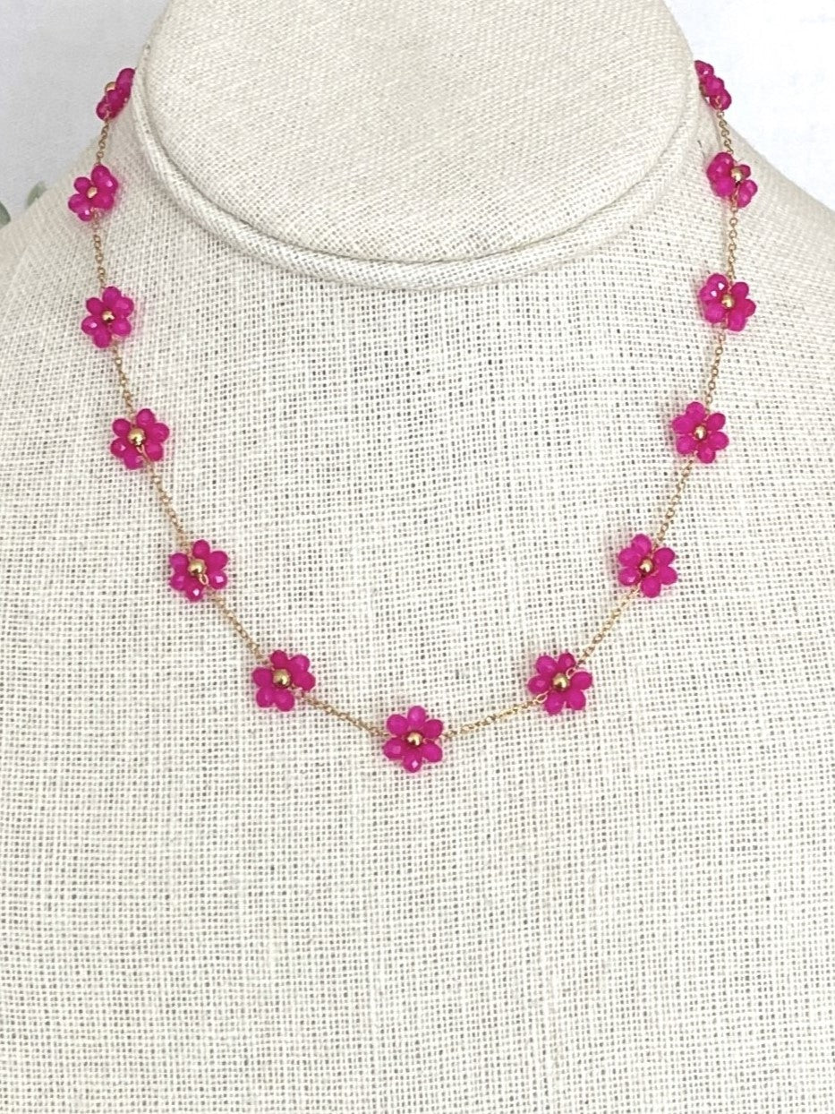 Beaded Pink Wildflower Chain Necklace