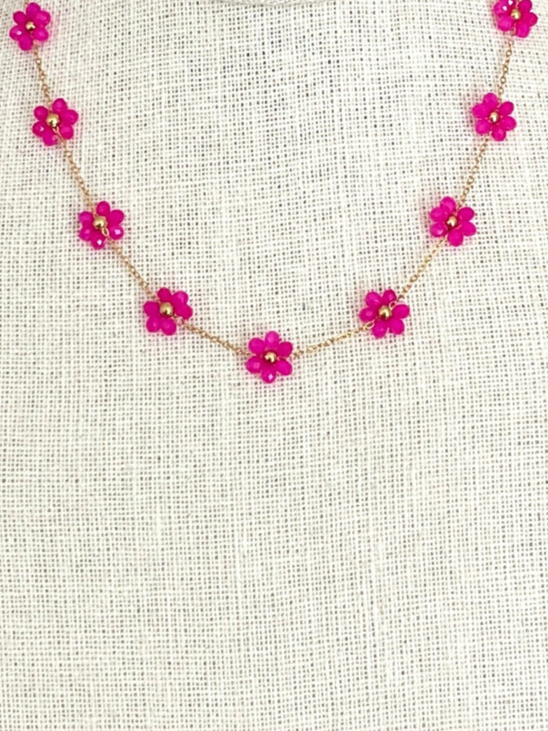 Beaded Pink Wildflower Chain Necklace