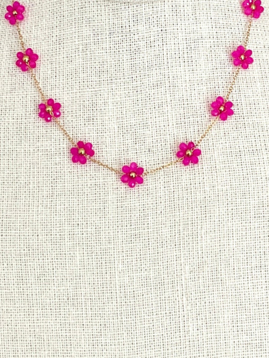 Beaded Pink Wildflower Chain Necklace