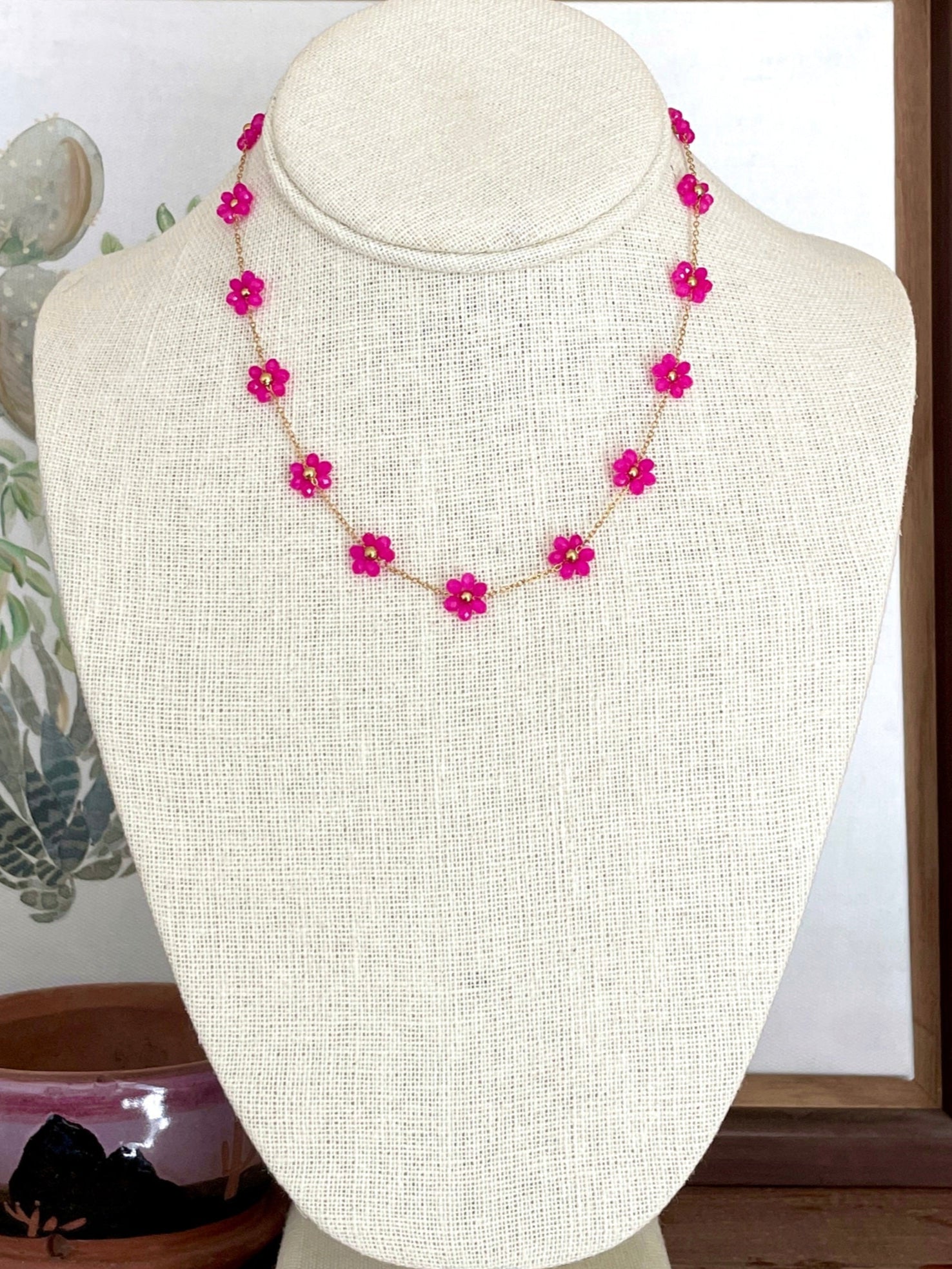 Beaded Pink Wildflower Chain Necklace
