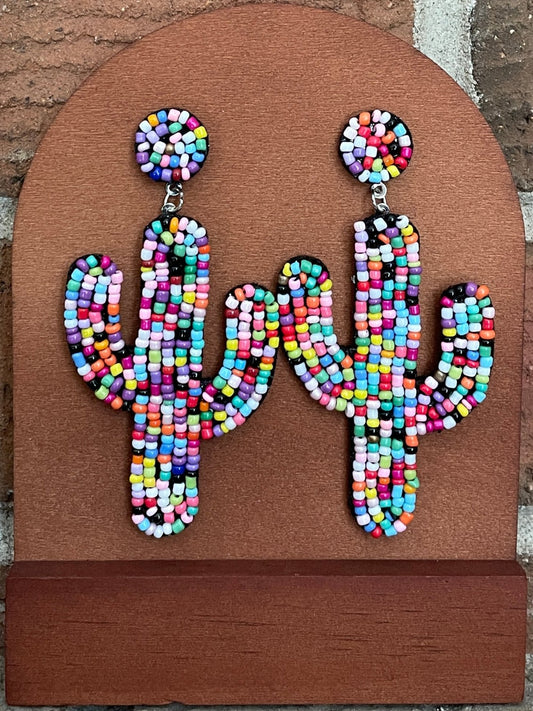 Beaded Saguaro Cactus Earrings - Multicolor