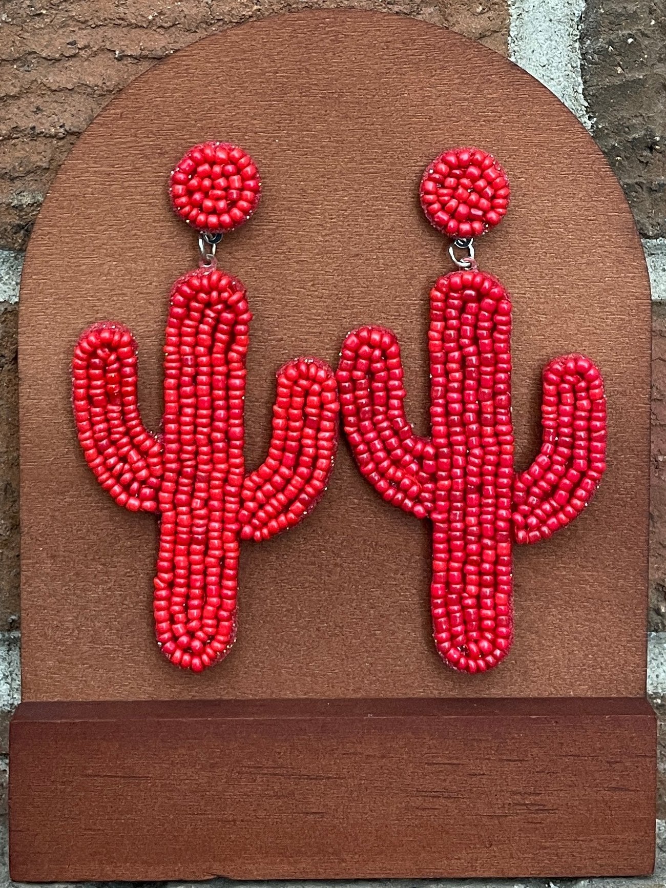 Beaded Saguaro Cactus Earrings - Red