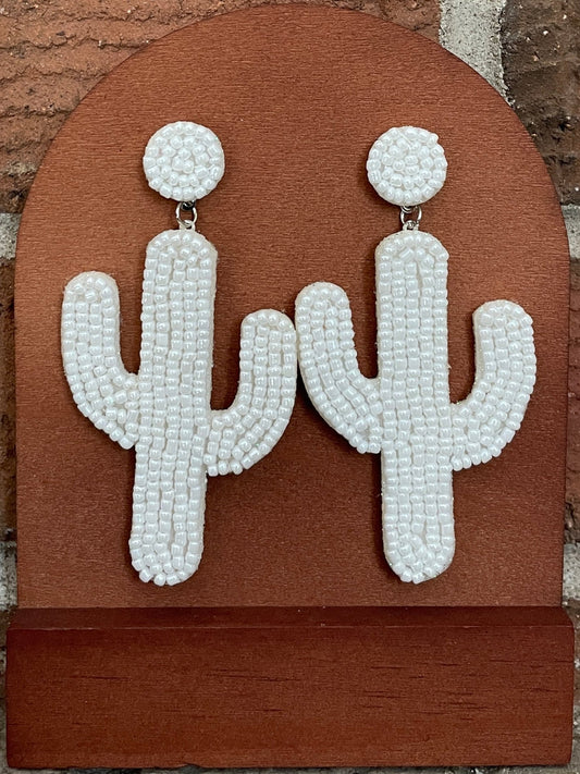 Beaded Saguaro Cactus Earrings - White