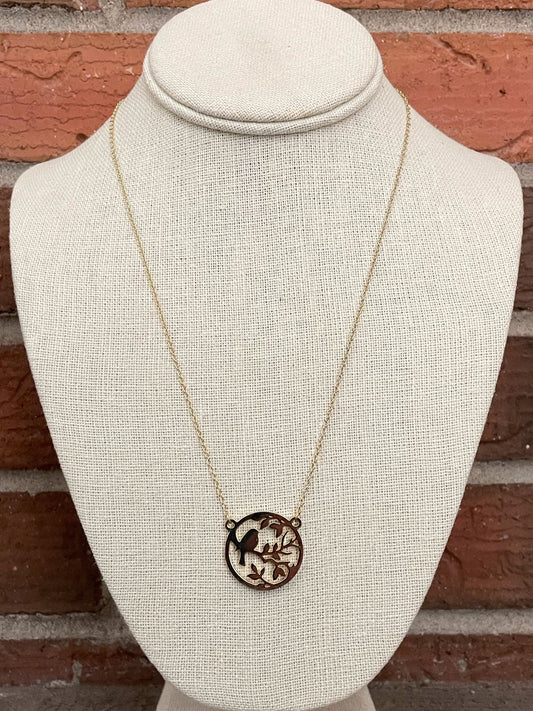 Bird on a Branch Disk Necklace - Gold