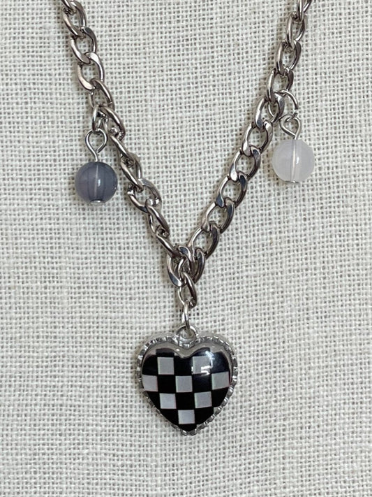 Black Checkerboard Heart Charm Necklace