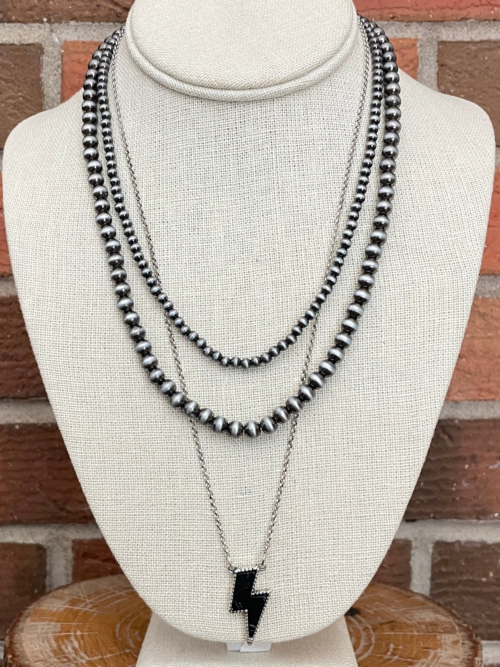 Black Lightning Bolt and Navajo Style Pearl Necklace