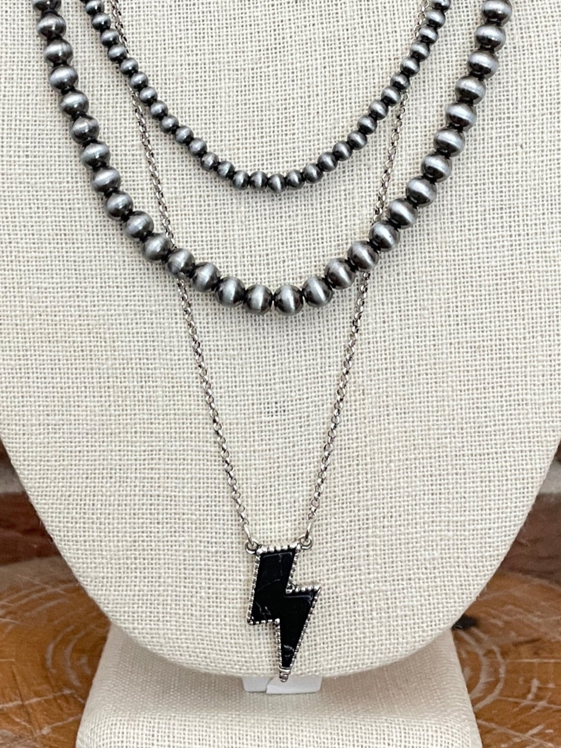 Black Lightning Bolt and Navajo Style Pearl Necklace