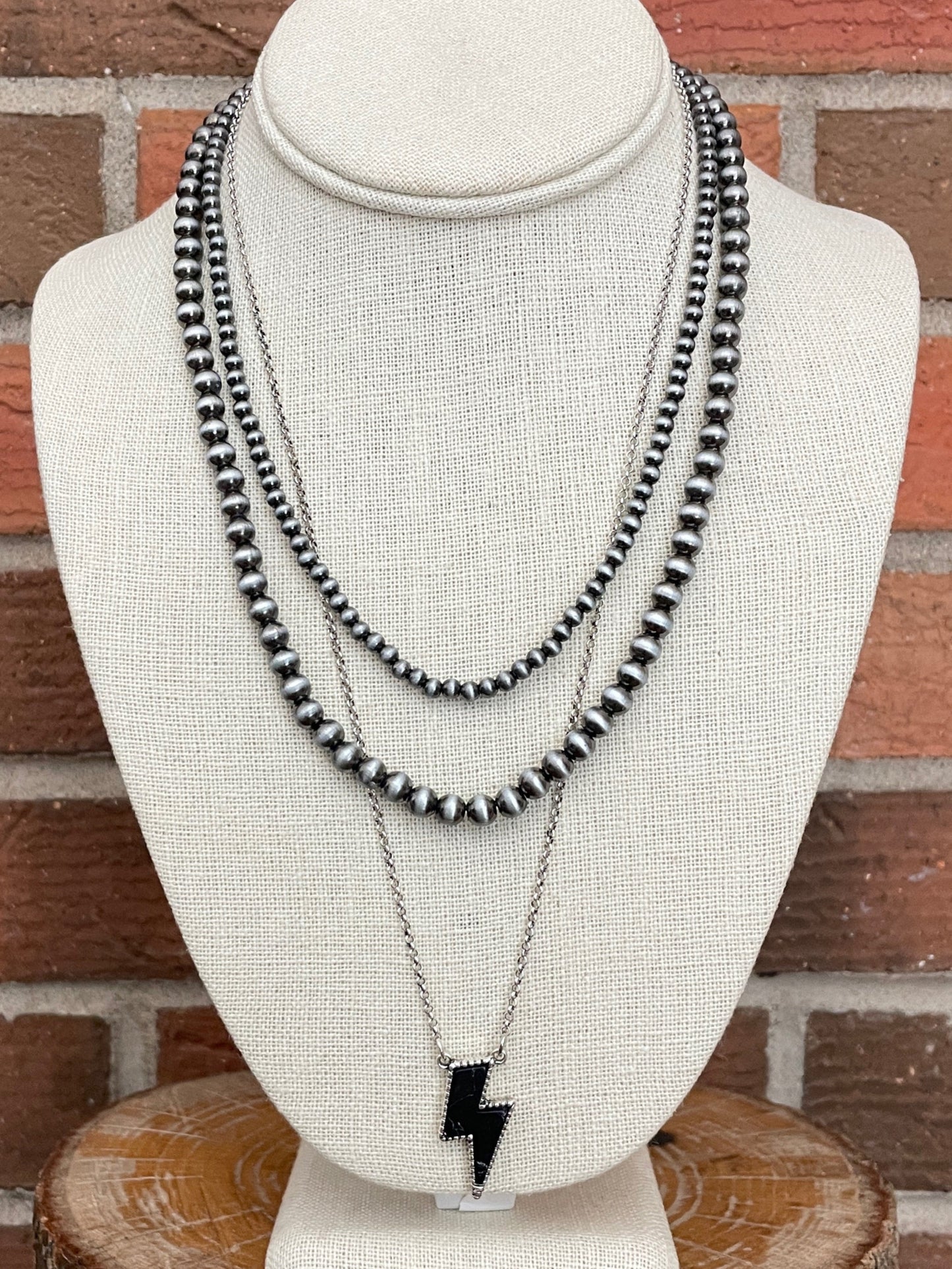 Black Lightning Bolt and Navajo Style Pearl Necklace