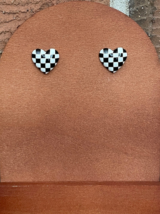 Black and White Checkerboard Heart Earrings