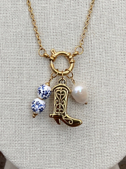 Boot Charm Necklace with Blue Floral Beads and Faux Pearl