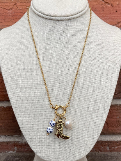 Boot Charm Necklace with Blue Floral Beads and Faux Pearl