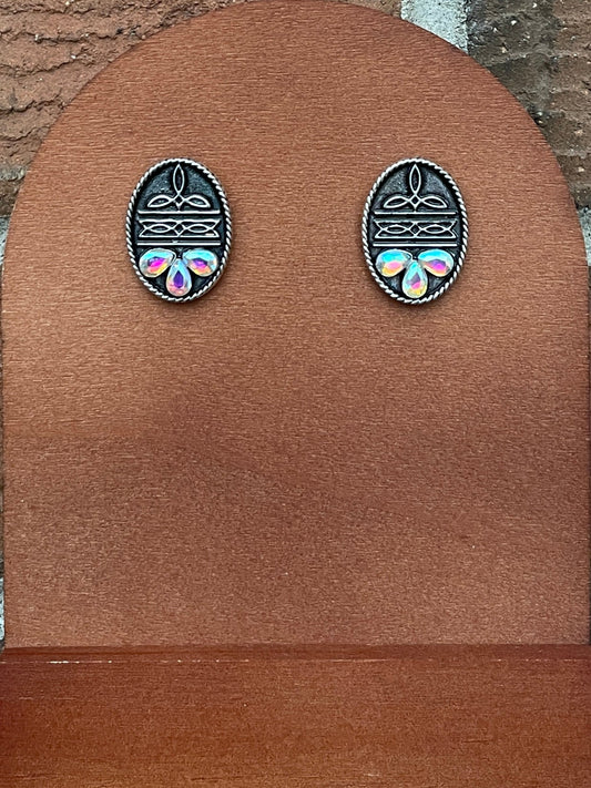Boot Stitch Concho Earrings with Rhinestones
