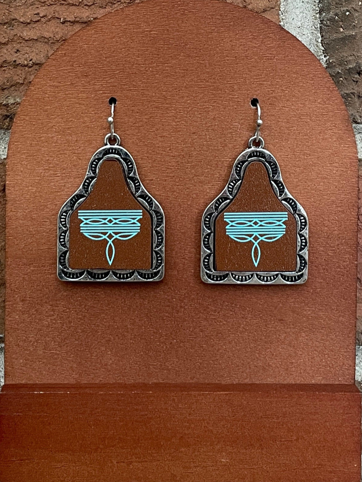 Boot Stitch Cow Tag Earrings - Turquoise & Brown