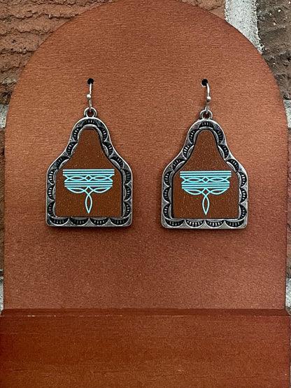 Boot Stitch Cow Tag Earrings - Turquoise & Brown