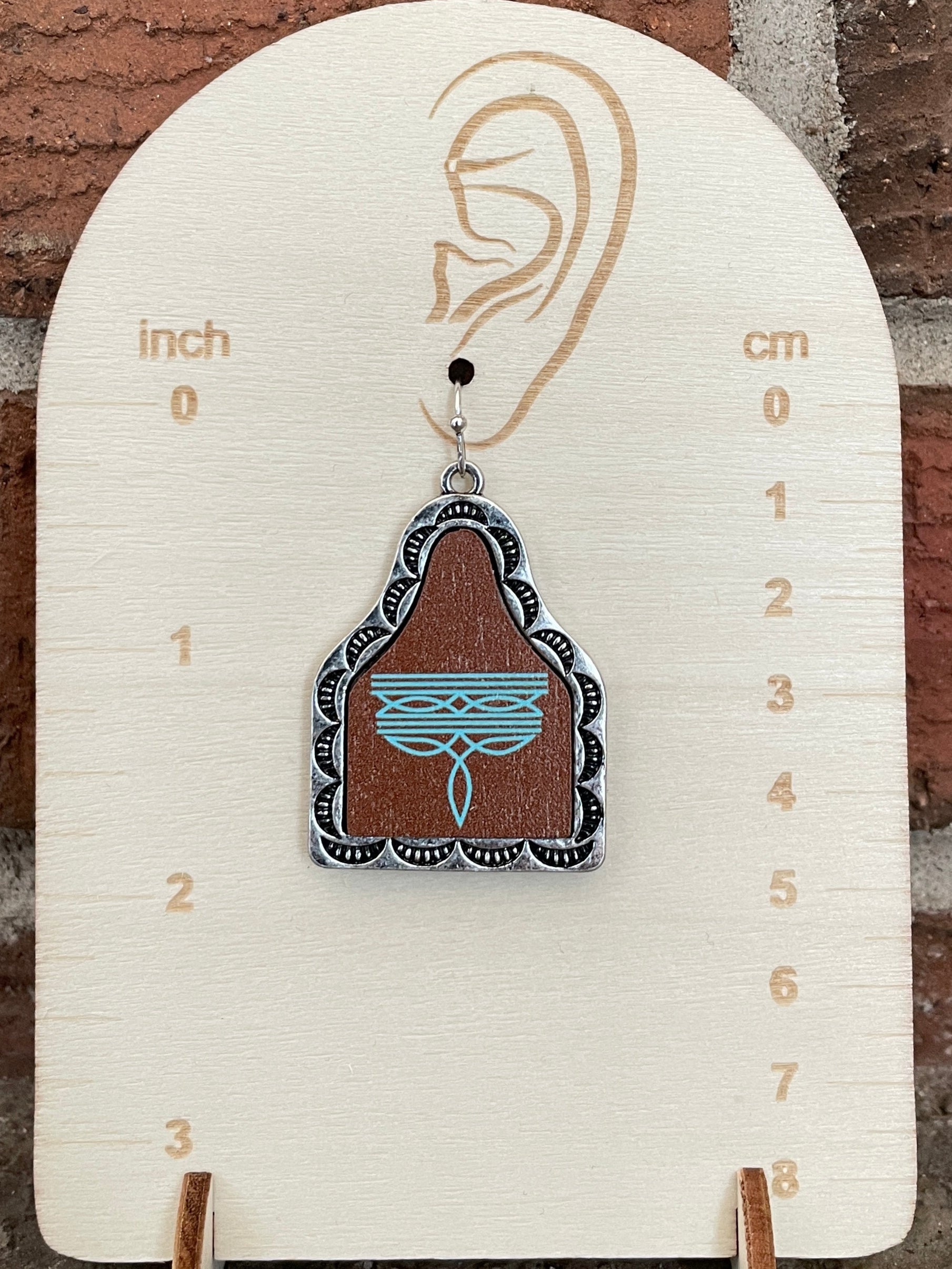 Boot Stitch Cow Tag Earrings - Turquoise & Brown