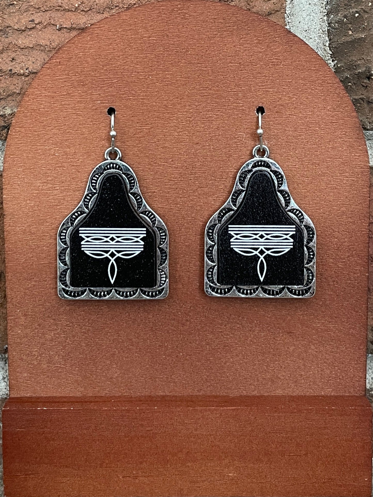 Boot Stitch Cow Tag Earrings - White & Black